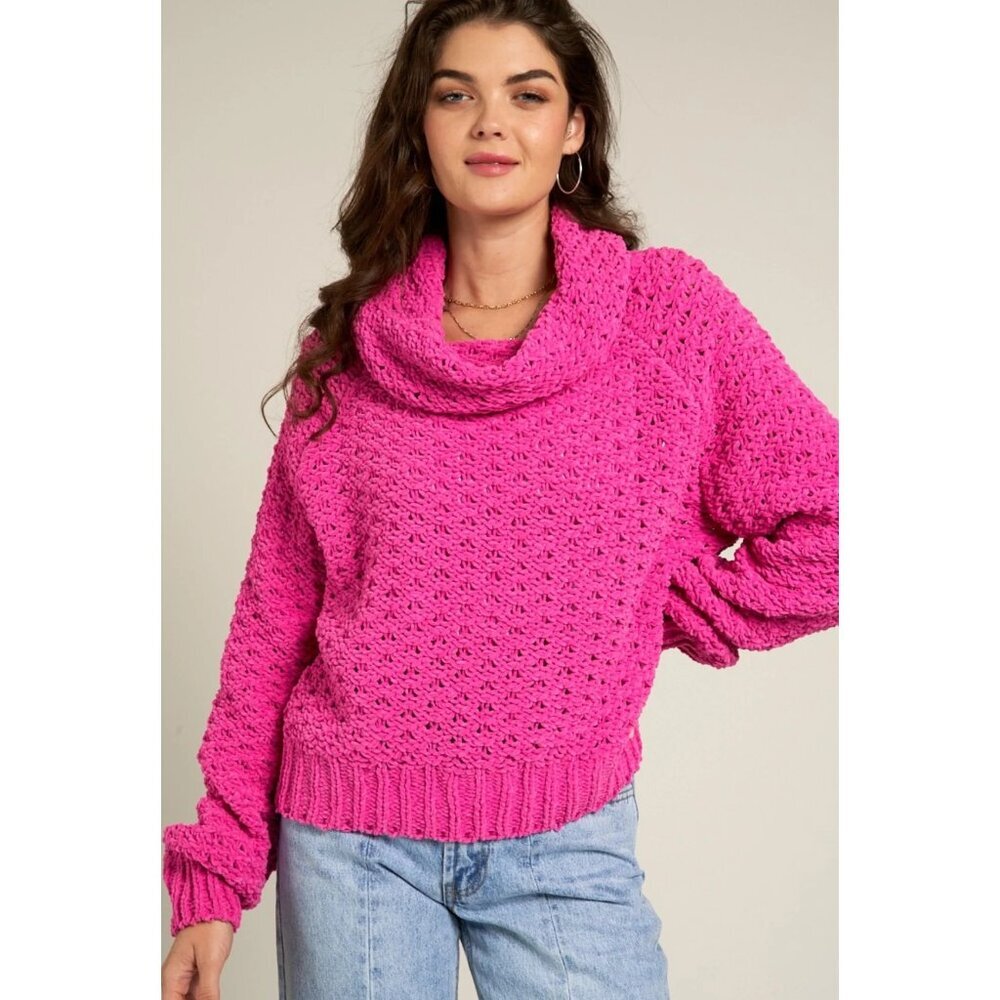 En Crème Pink Crochet Cowl Neck Sweater Knit Pullover